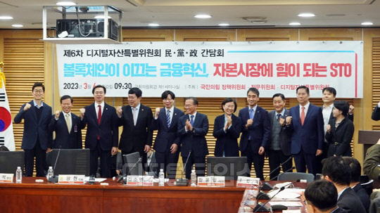 국민의힘 디지털자산특별위원회가 주최한 '제6차 민당정 간담회' 참석자들이 기념사진을 촬영하고 있다. <윤창현 의원실 제공>